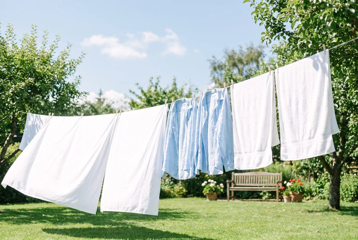 Weiße und hellblaue Wäsche trocknet an der Leine im Garten
